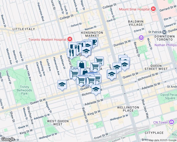 map of restaurants, bars, coffee shops, grocery stores, and more near in Toronto