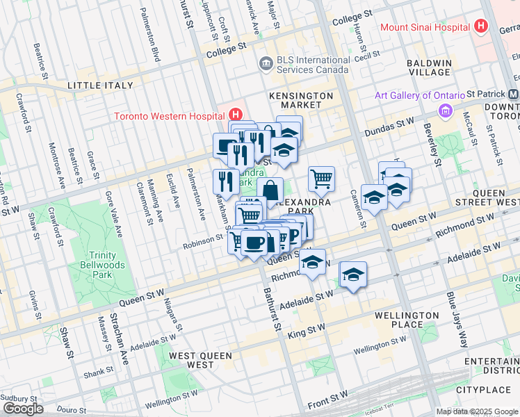 map of restaurants, bars, coffee shops, grocery stores, and more near in Toronto