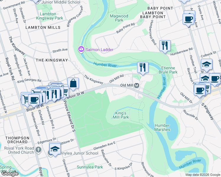 map of restaurants, bars, coffee shops, grocery stores, and more near 64 Old Mill Terrace in Toronto