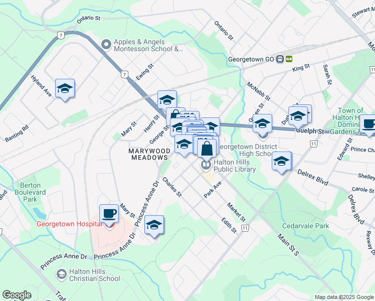 map of restaurants, bars, coffee shops, grocery stores, and more near in Halton Hills