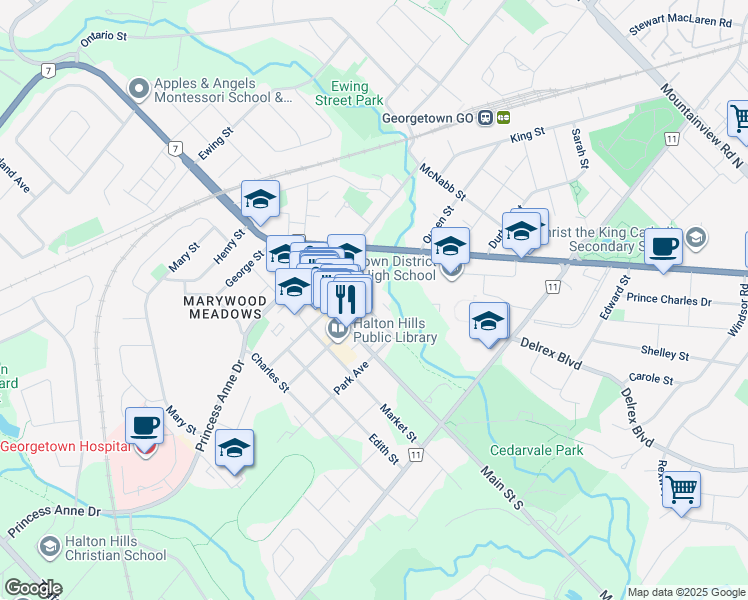 map of restaurants, bars, coffee shops, grocery stores, and more near 60 Park Avenue in Halton Hills