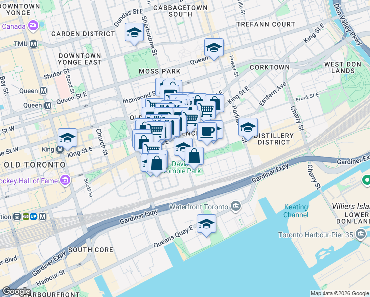 map of restaurants, bars, coffee shops, grocery stores, and more near 121 Lower Sherbourne Street in Toronto