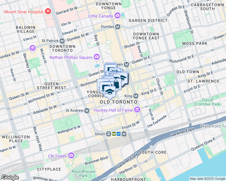 map of restaurants, bars, coffee shops, grocery stores, and more near 357 Bay Street in Toronto