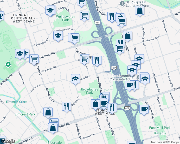 map of restaurants, bars, coffee shops, grocery stores, and more near in Toronto