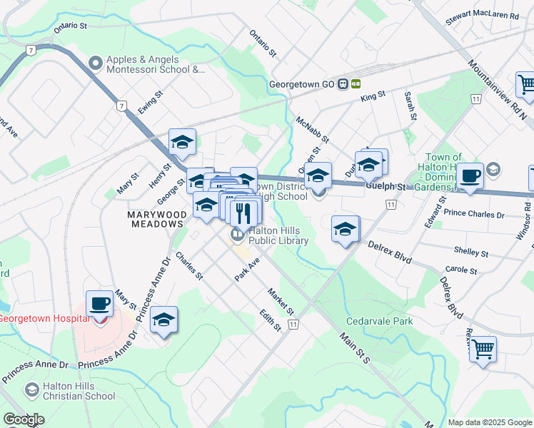 map of restaurants, bars, coffee shops, grocery stores, and more near 60 Park Avenue in Halton Hills