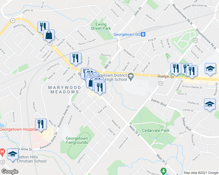 map of restaurants, bars, coffee shops, grocery stores, and more near 60 Park Avenue in Georgetown