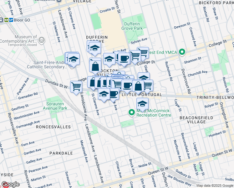 map of restaurants, bars, coffee shops, grocery stores, and more near 1597 Dundas Street West in Toronto
