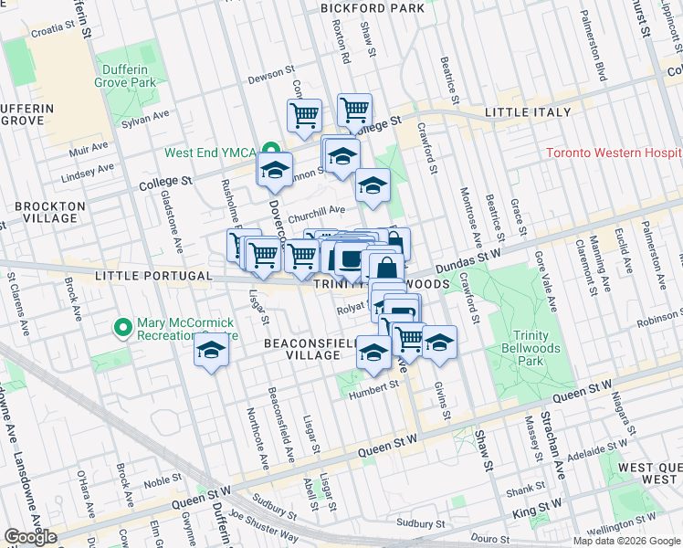 map of restaurants, bars, coffee shops, grocery stores, and more near 5 Lakeview Avenue in Toronto