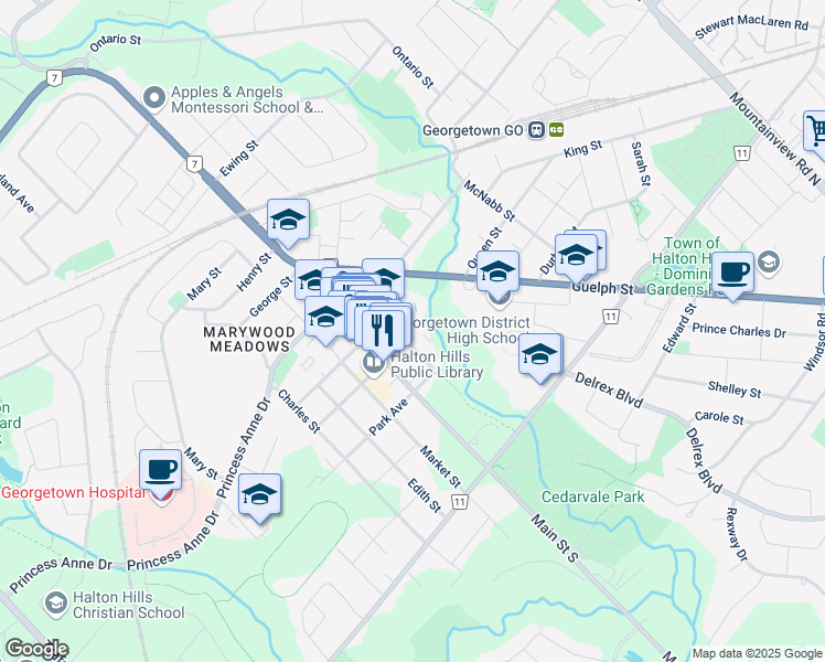 map of restaurants, bars, coffee shops, grocery stores, and more near 60 Park Avenue in Georgetown