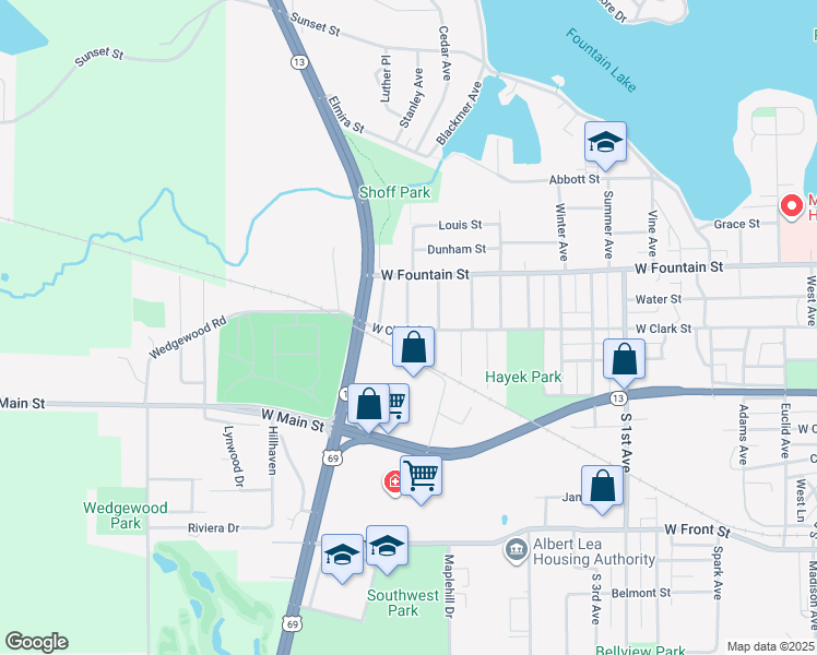 map of restaurants, bars, coffee shops, grocery stores, and more near 110 N 8th Ave in Albert Lea