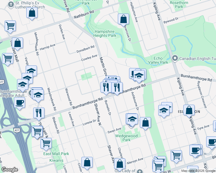 map of restaurants, bars, coffee shops, grocery stores, and more near 148 Martin Grove Road in Toronto