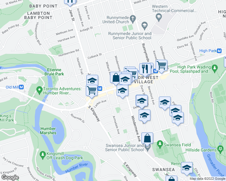 map of restaurants, bars, coffee shops, grocery stores, and more near 2373 Bloor Street West in Toronto