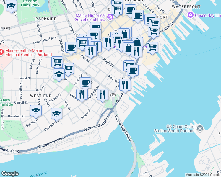 map of restaurants, bars, coffee shops, grocery stores, and more near 31 State Street in Portland