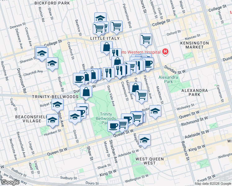 map of restaurants, bars, coffee shops, grocery stores, and more near 132 Bellwoods Avenue in Toronto