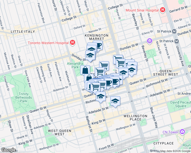map of restaurants, bars, coffee shops, grocery stores, and more near 50 Denison Avenue in Toronto