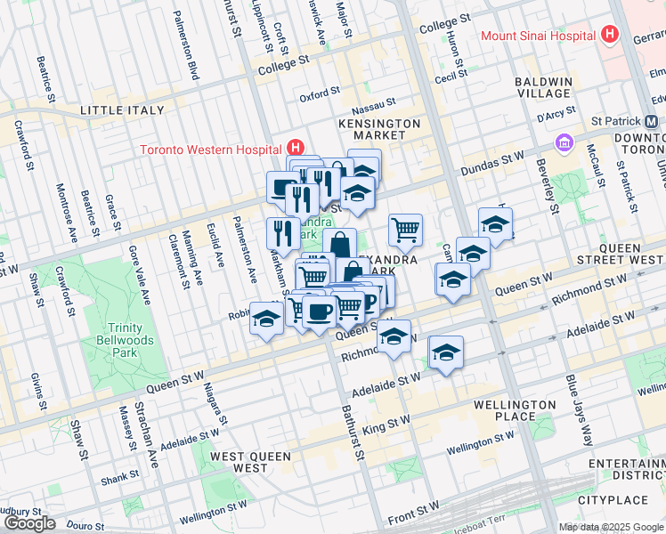 map of restaurants, bars, coffee shops, grocery stores, and more near 68 Carr Street in Toronto