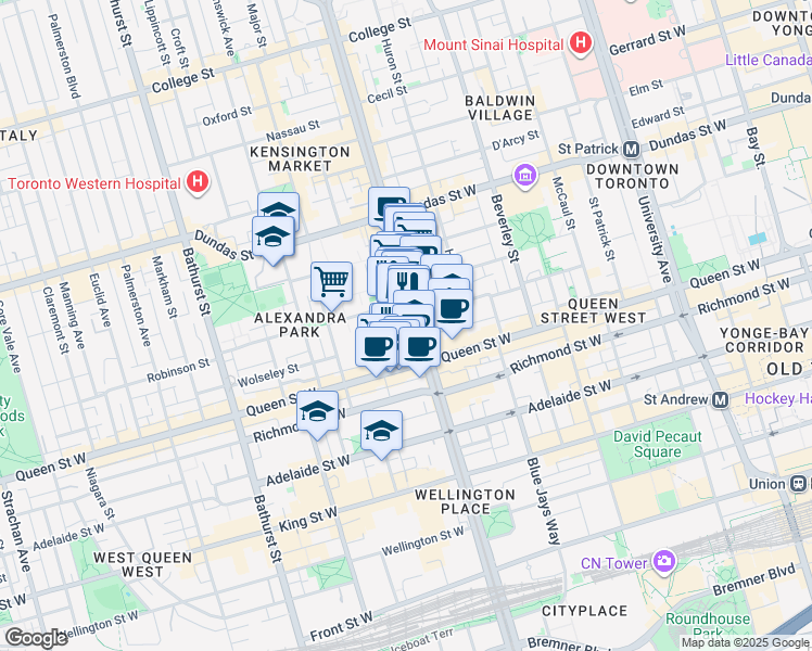 map of restaurants, bars, coffee shops, grocery stores, and more near 188 Spadina Avenue in Toronto