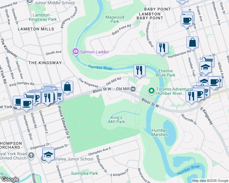 map of restaurants, bars, coffee shops, grocery stores, and more near 2675 Bloor Street West in Toronto