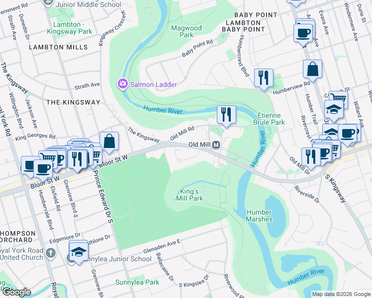 map of restaurants, bars, coffee shops, grocery stores, and more near 2675 Bloor Street West in Toronto