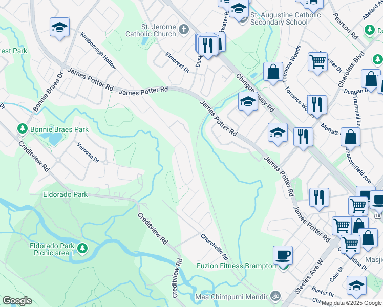map of restaurants, bars, coffee shops, grocery stores, and more near 96 Leadership Drive in Brampton