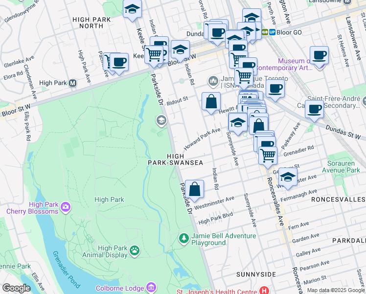 map of restaurants, bars, coffee shops, grocery stores, and more near 218 Howard Park Avenue in Toronto