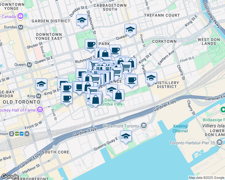map of restaurants, bars, coffee shops, grocery stores, and more near 121 Lower Sherbourne Street in Toronto