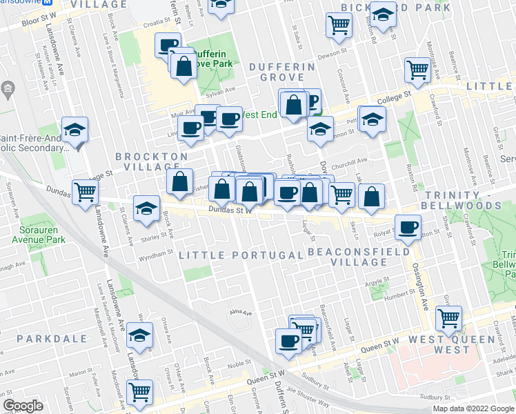map of restaurants, bars, coffee shops, grocery stores, and more near 247 Gladstone Avenue in Toronto