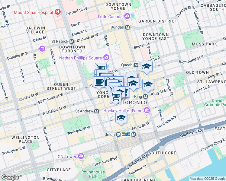 map of restaurants, bars, coffee shops, grocery stores, and more near in Toronto