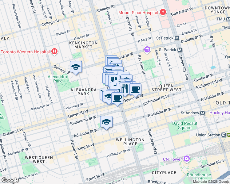 map of restaurants, bars, coffee shops, grocery stores, and more near 186 Spadina Avenue in Toronto