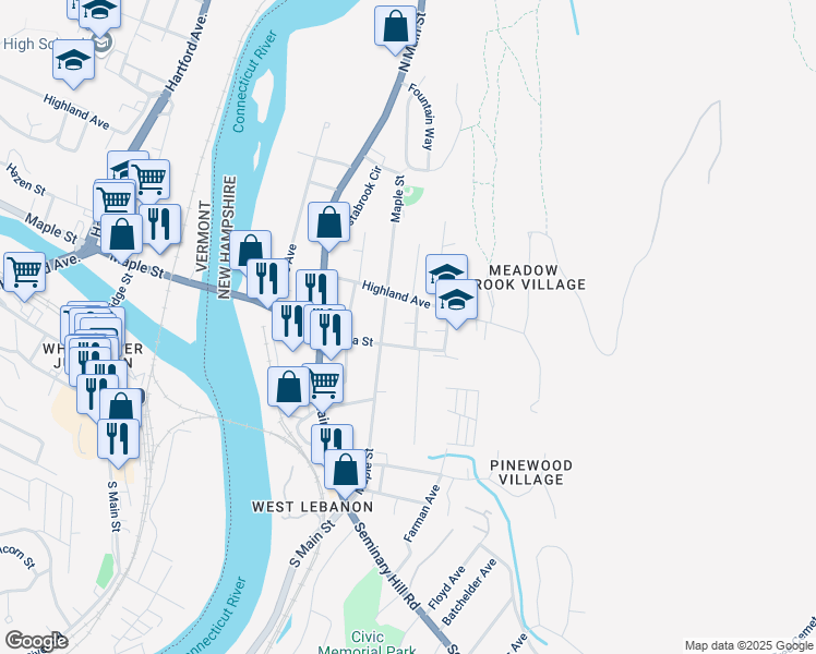 map of restaurants, bars, coffee shops, grocery stores, and more near 68 Maple Street in Lebanon