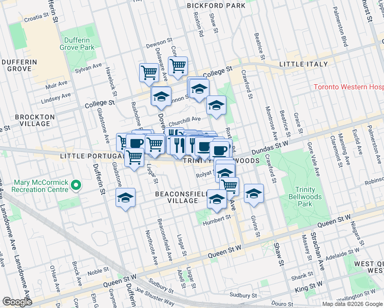 map of restaurants, bars, coffee shops, grocery stores, and more near 4 Lakeview Avenue in Toronto