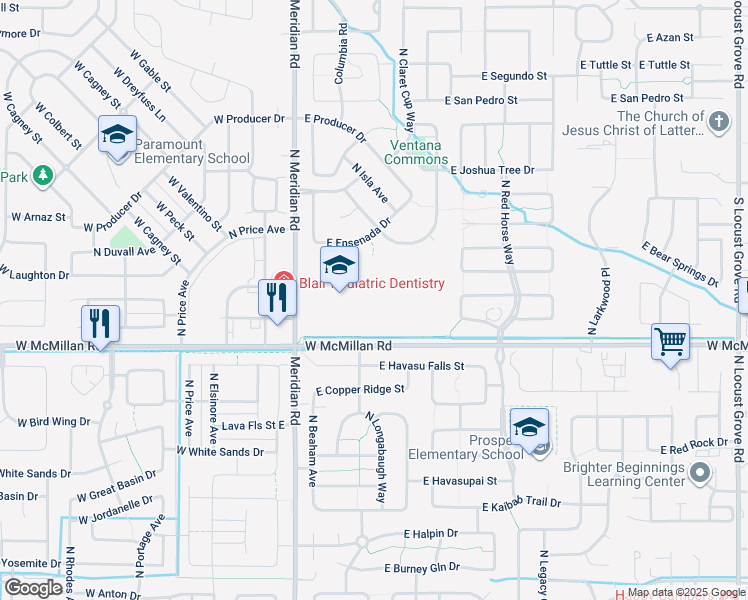 map of restaurants, bars, coffee shops, grocery stores, and more near 4990 North Meridian Road in Meridian