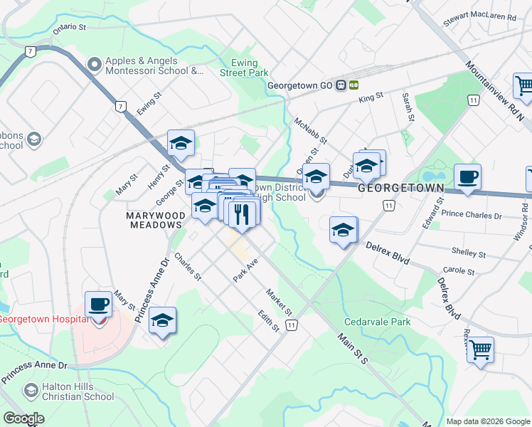 map of restaurants, bars, coffee shops, grocery stores, and more near 60 Park Avenue in Halton Hills