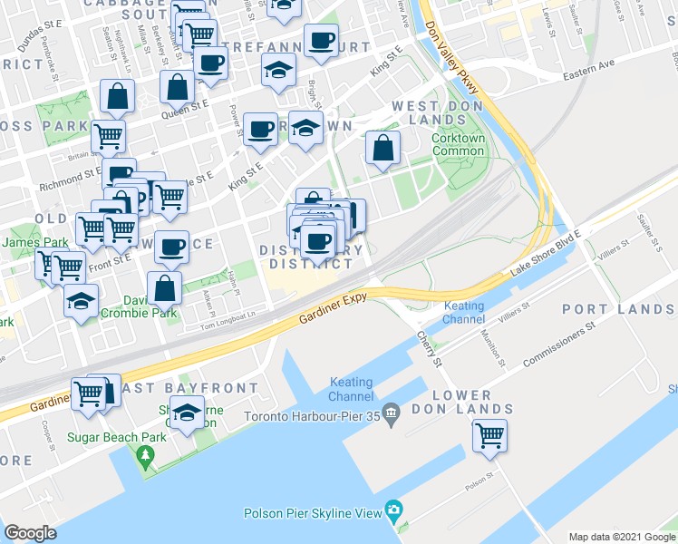 map of restaurants, bars, coffee shops, grocery stores, and more near 70 Distillery Lane in Toronto