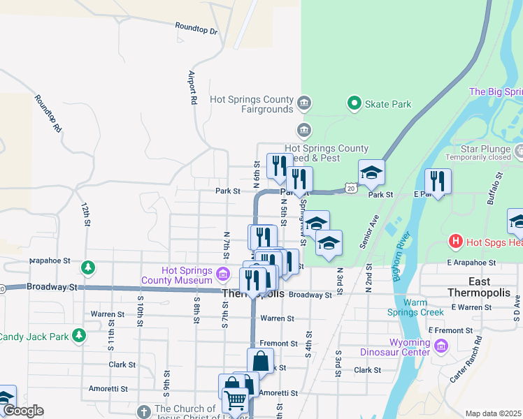 map of restaurants, bars, coffee shops, grocery stores, and more near 415 U.S. 20 in Thermopolis