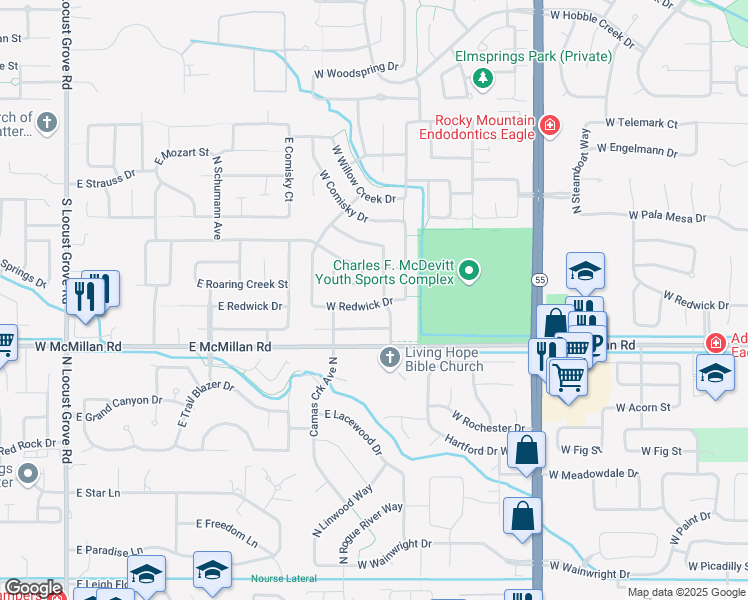 map of restaurants, bars, coffee shops, grocery stores, and more near 14352 West Redwick Drive in Boise