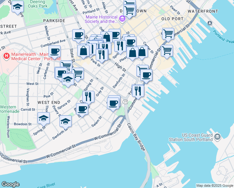 map of restaurants, bars, coffee shops, grocery stores, and more near 62 State Street in Portland