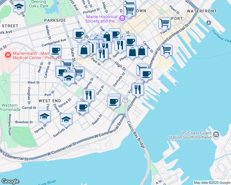 map of restaurants, bars, coffee shops, grocery stores, and more near 62 State Street in Portland