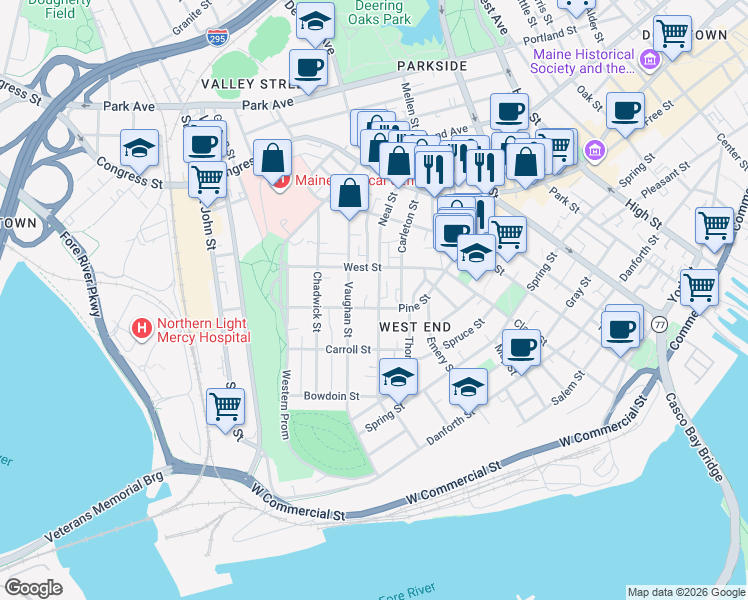 map of restaurants, bars, coffee shops, grocery stores, and more near 90 Neal Street in Portland