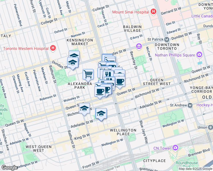 map of restaurants, bars, coffee shops, grocery stores, and more near in Toronto