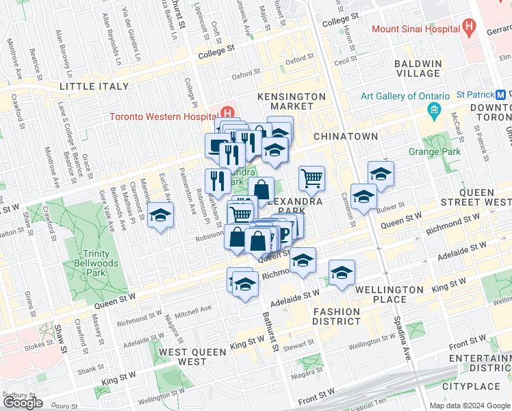 map of restaurants, bars, coffee shops, grocery stores, and more near in Toronto