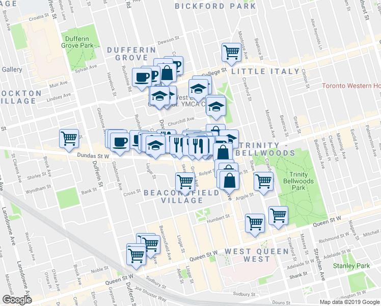 map of restaurants, bars, coffee shops, grocery stores, and more near 1255 Dundas Street West in Toronto