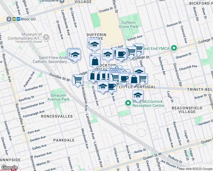 map of restaurants, bars, coffee shops, grocery stores, and more near 1597 Dundas Street West in Toronto