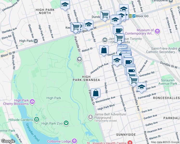 map of restaurants, bars, coffee shops, grocery stores, and more near in Toronto