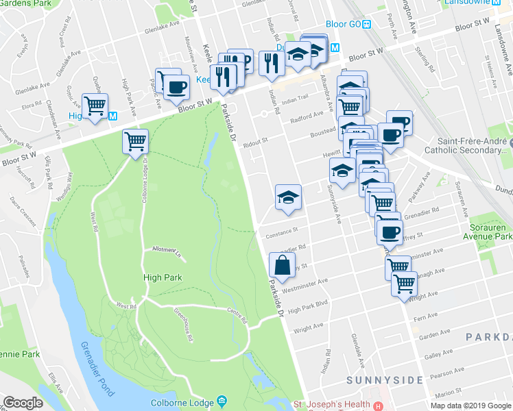 map of restaurants, bars, coffee shops, grocery stores, and more near in Toronto