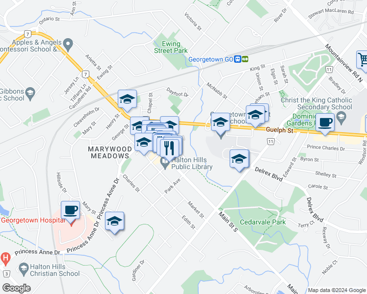 map of restaurants, bars, coffee shops, grocery stores, and more near 62 Park Avenue in Halton Hills