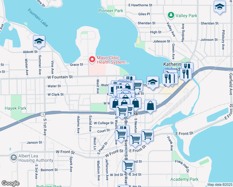 map of restaurants, bars, coffee shops, grocery stores, and more near in Albert Lea