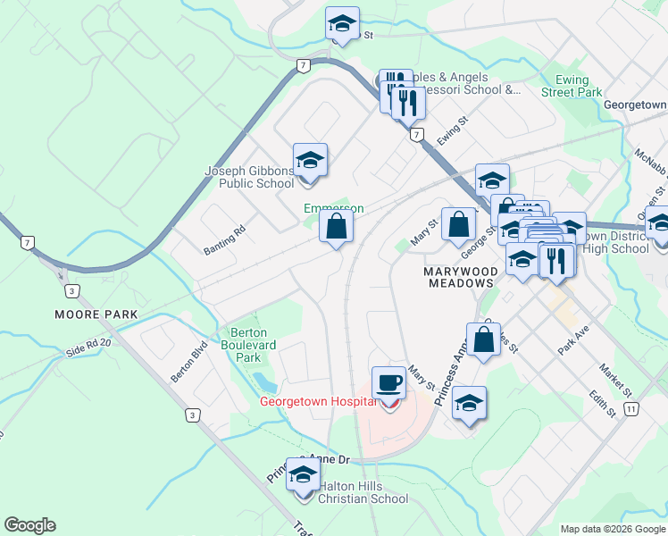 map of restaurants, bars, coffee shops, grocery stores, and more near 43 Mowat Crescent in Halton Hills