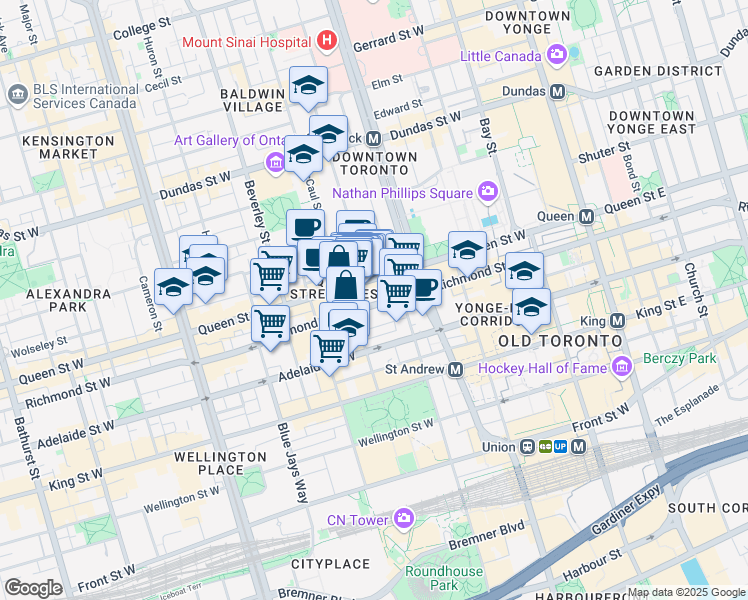 map of restaurants, bars, coffee shops, grocery stores, and more near 224 Richmond Street West in Toronto