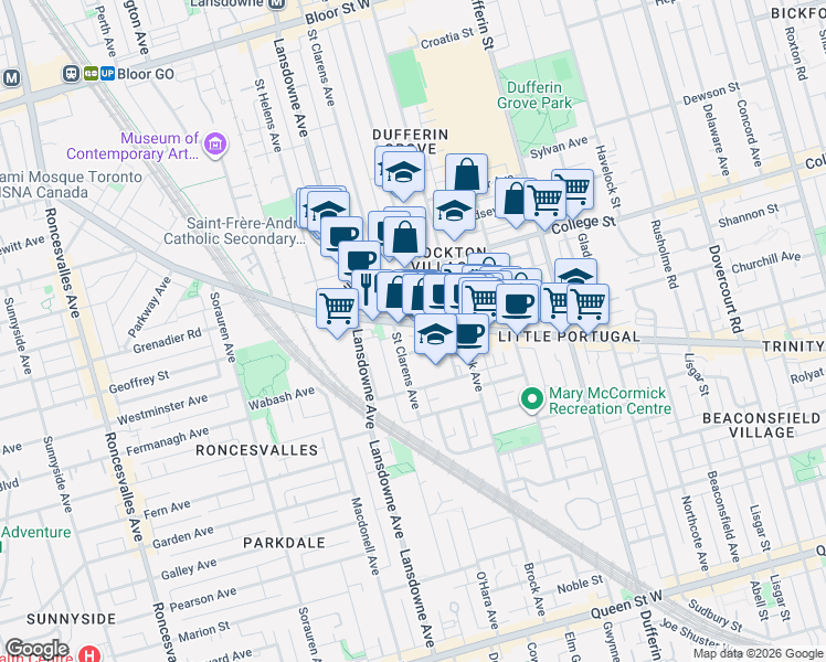 map of restaurants, bars, coffee shops, grocery stores, and more near 1685 Dundas Street West in Toronto